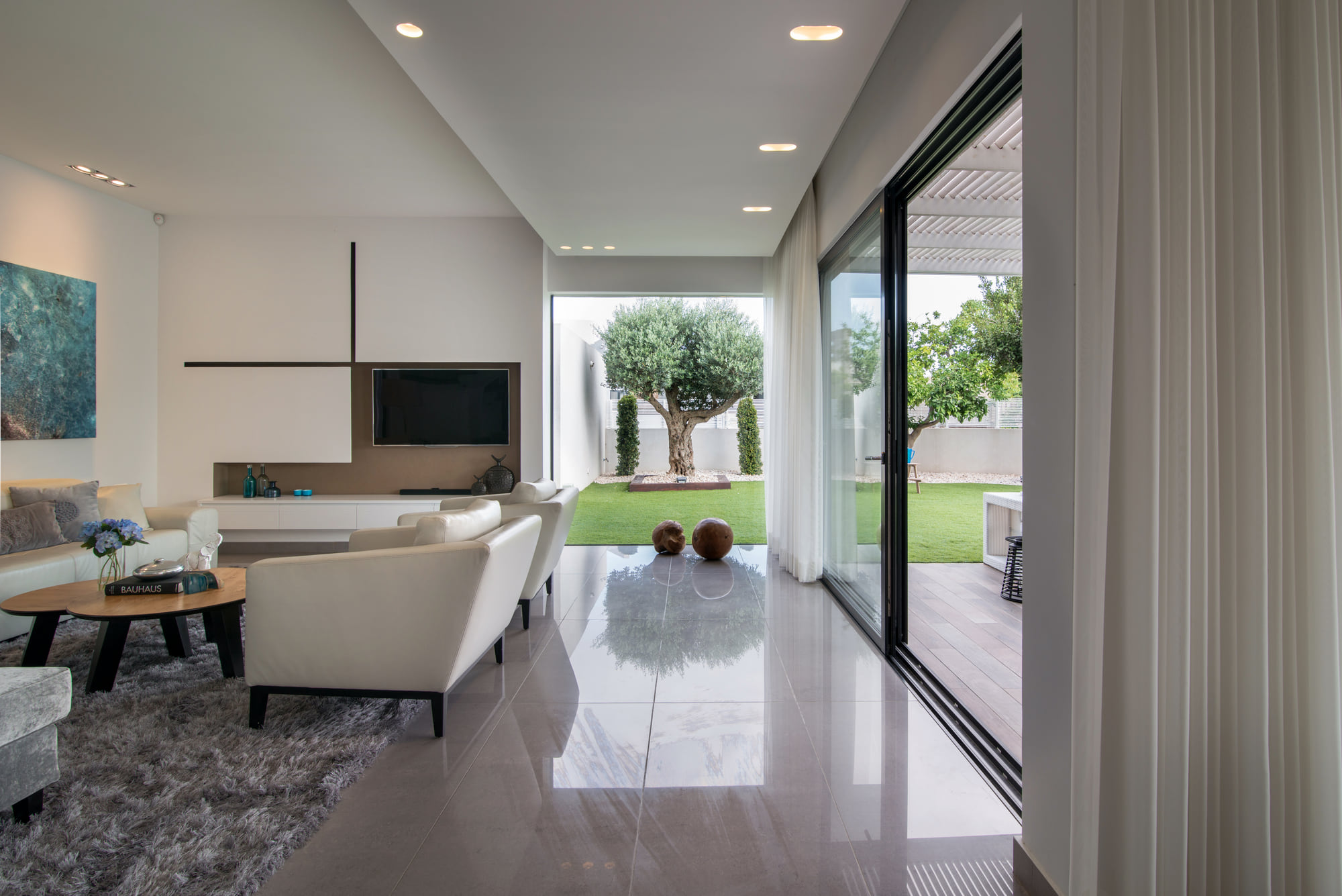 The olive tree at the end of the central axis, seen from the entrance towards the living room